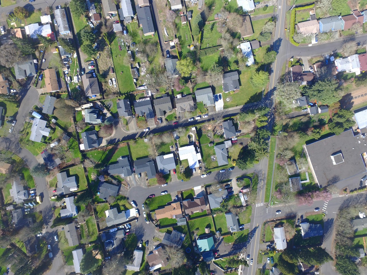 Aerial view of houses, yards, trees and intersecting residential streets in Oregon.