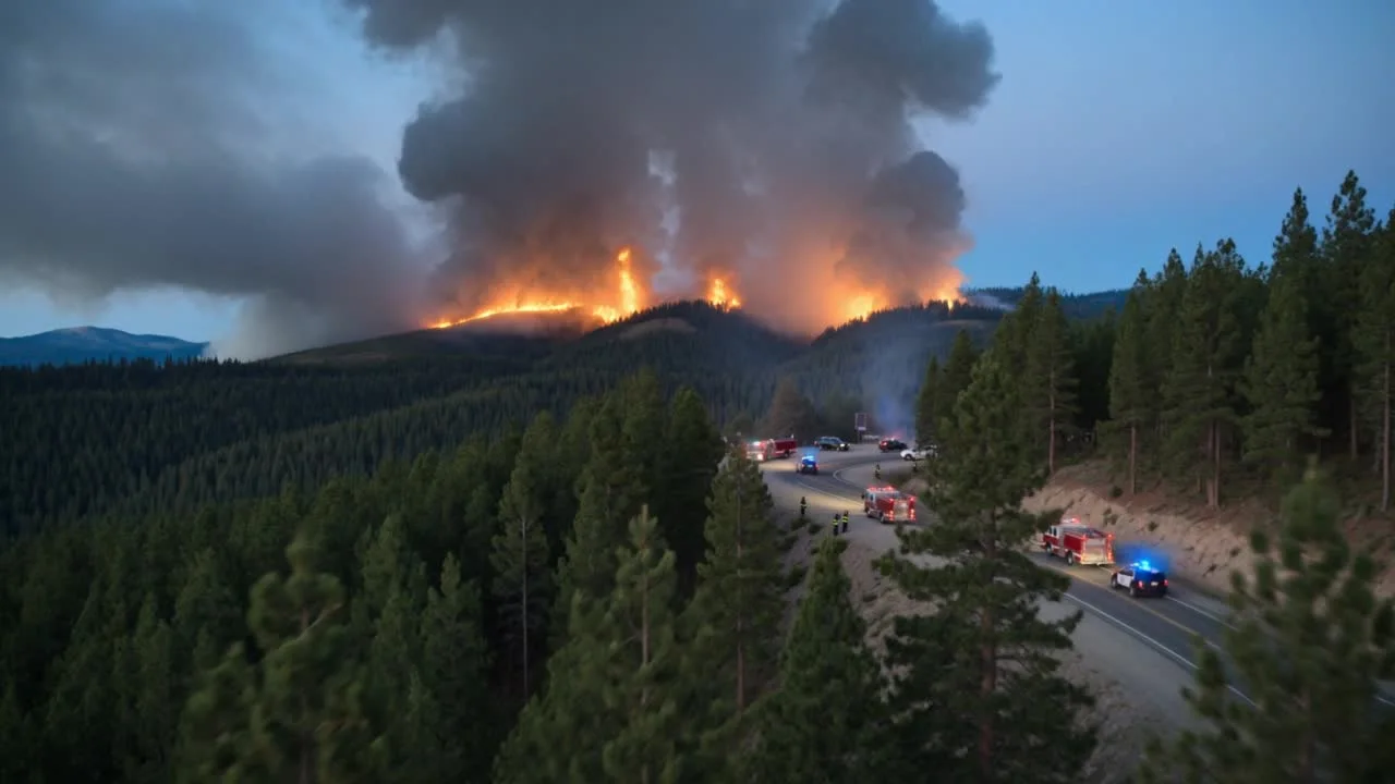 Illustrative aerial view of a fire scene with response vehicles